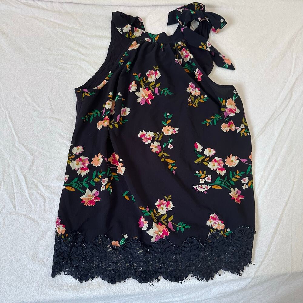 Janet Chung Shirt Womens 1X Blue Muli Floral Blouse Tie Casual Comfort Dress